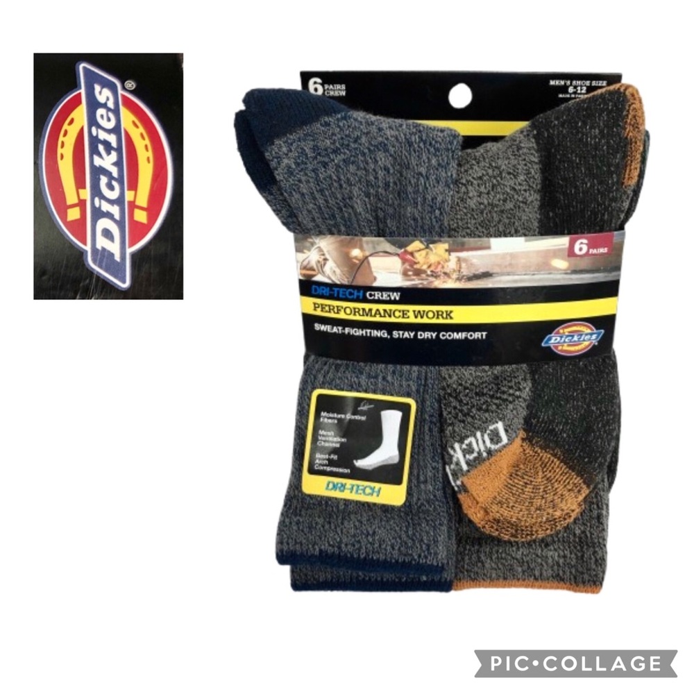 NEW DICKIES Socks 6 PAIRS DRI TECH CREW Gray Blue Multicolor Shoe Size 6-12 Men